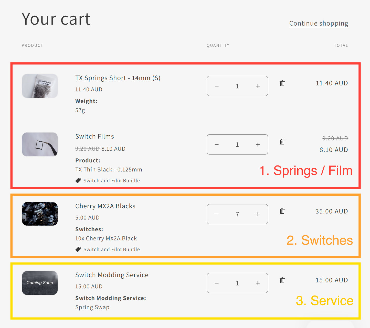 Cart summary with items including springs, films, and switch modding service on a gray background.
