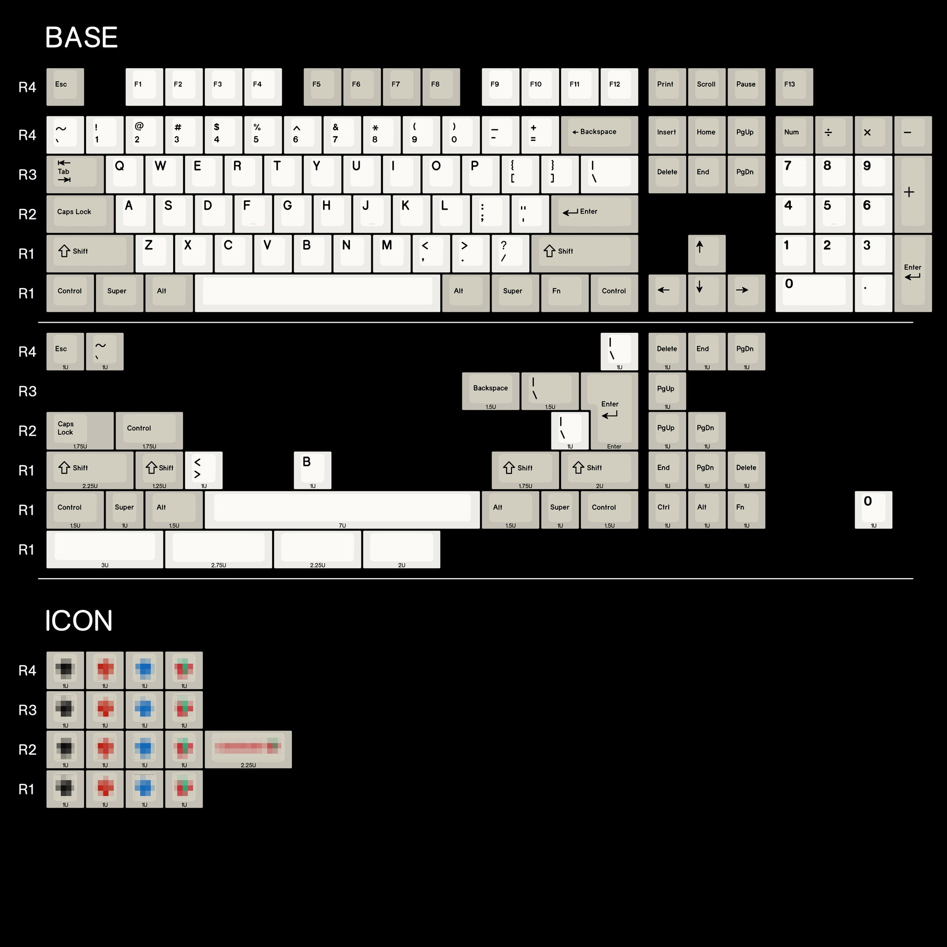 Keyboard layout diagram with labeled keys on a black background